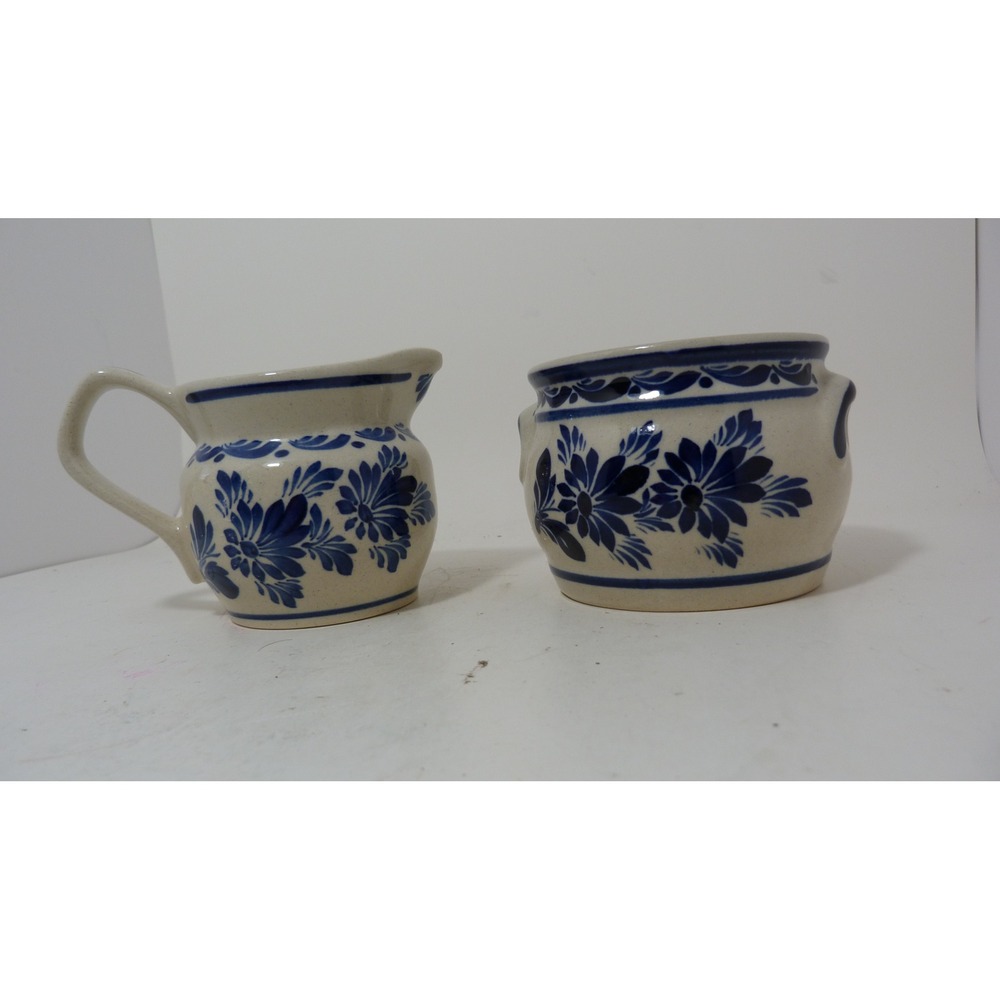 Hand Painted Portugal Blue Floral Stoneware Creamer and Sugar Bowl Set